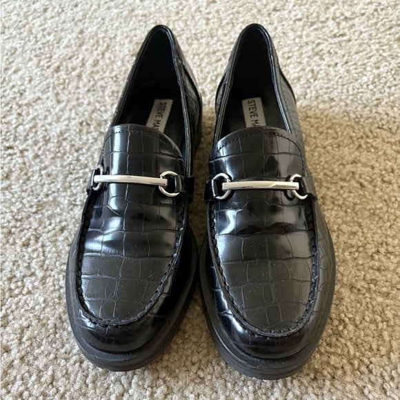 Steve Madden Women Croc Embossed Black Silver Horsebit Loafers Size 7 Shoes - Picture 2 of 6